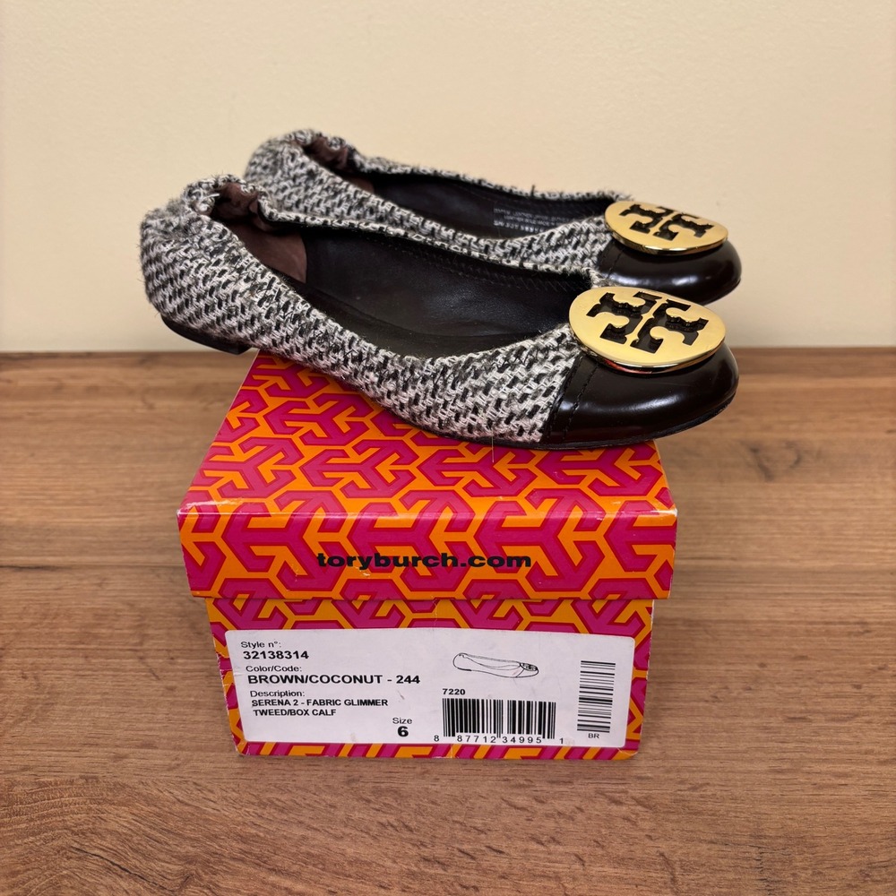 TORY BURCH Serena 2 Tweed Ballet Flats Brown/Coconut Women Size 6 Casual Office